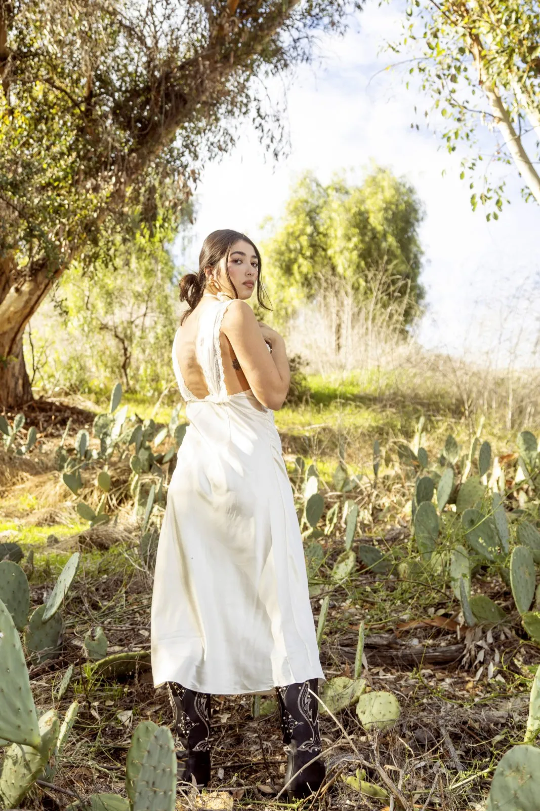 Ivory Lace Trimmed Satin Bias Cut Maxi Dress