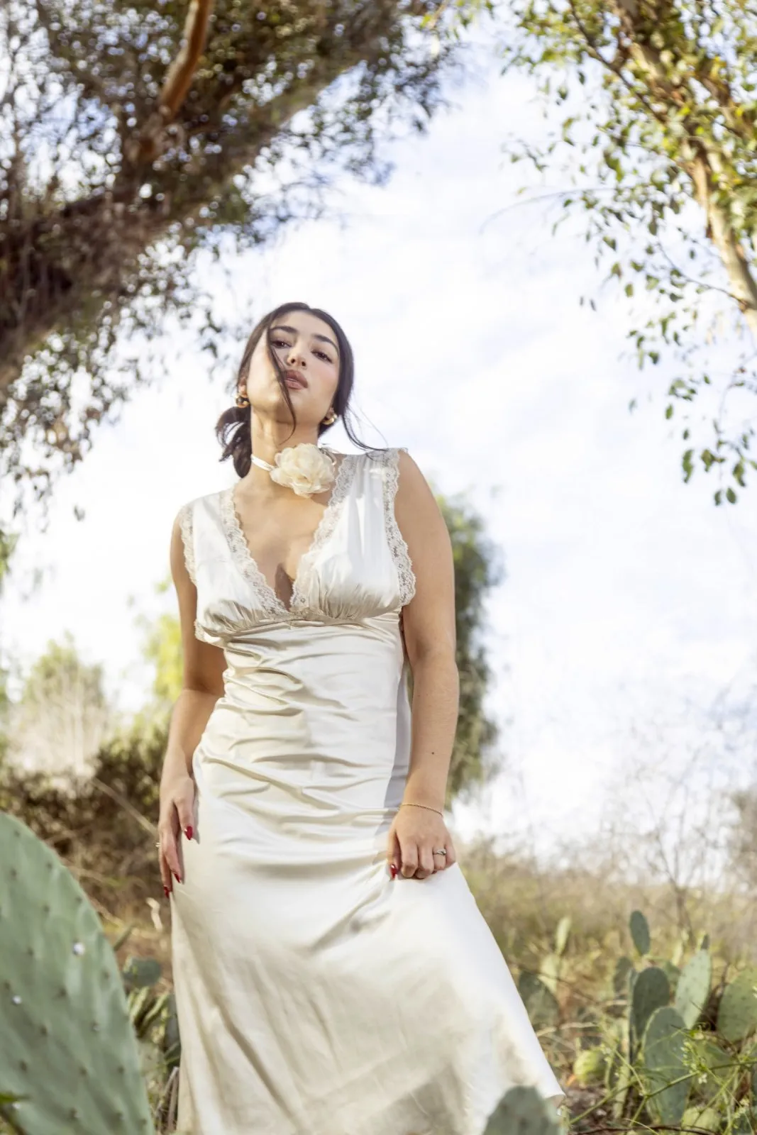 Ivory Lace Trimmed Satin Bias Cut Maxi Dress