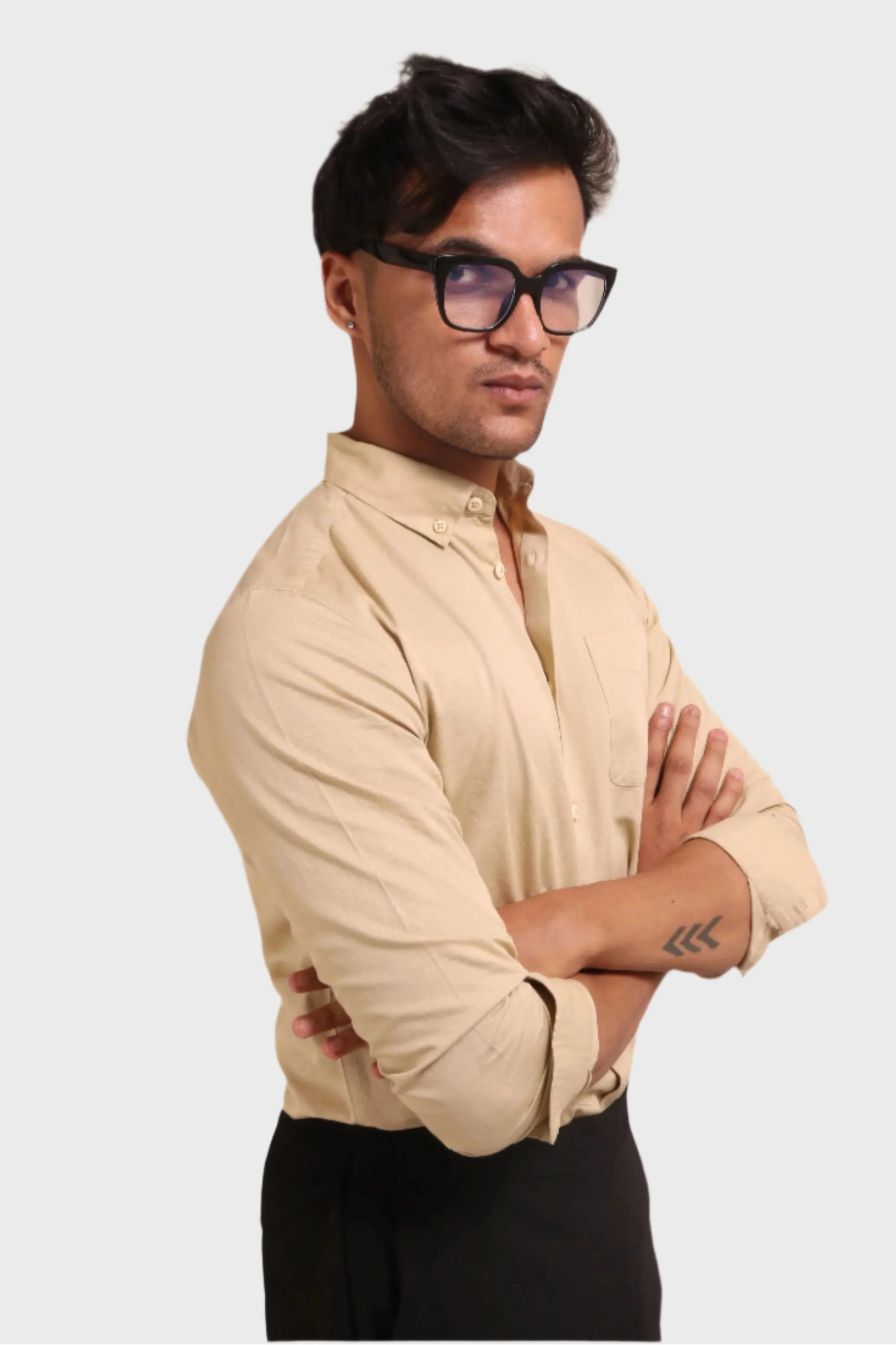 JONESBURG MEN'S BEIGE SLUB SATIN SLIM FIT SEMI FORMAL SHIRT