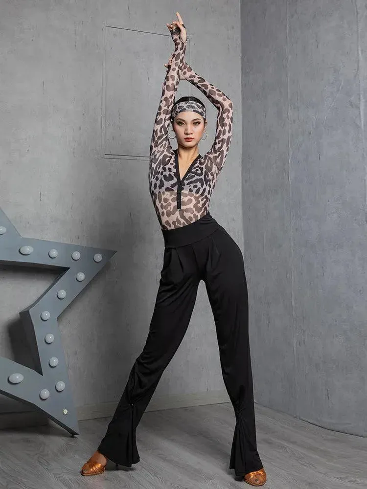 Leopard Wide Leg Pants Black Dance Pants for Women Latin, Samba, Tango Performance