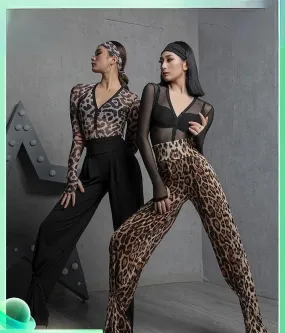 Leopard Wide Leg Pants Black Dance Pants for Women Latin, Samba, Tango Performance