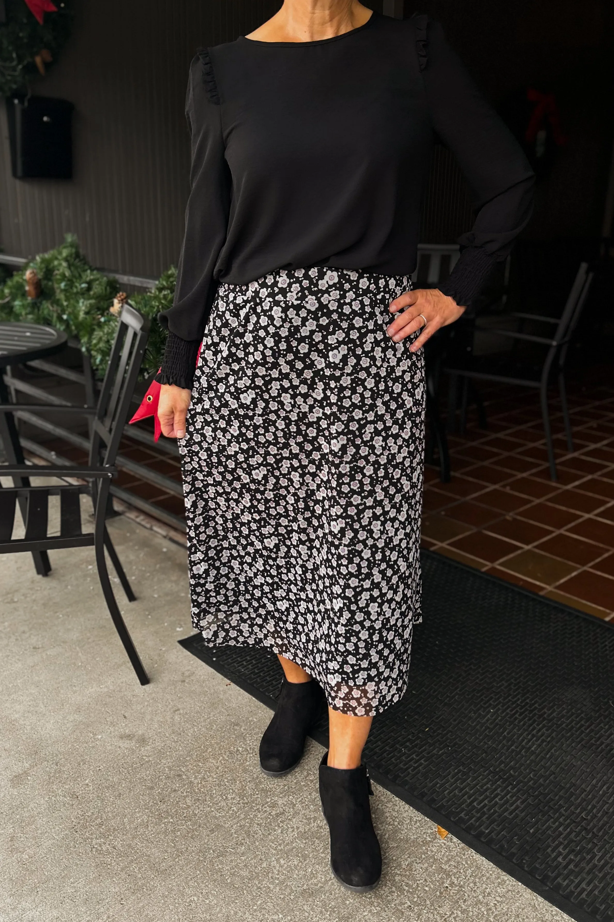 Lin Midi Skirt -Black Floral