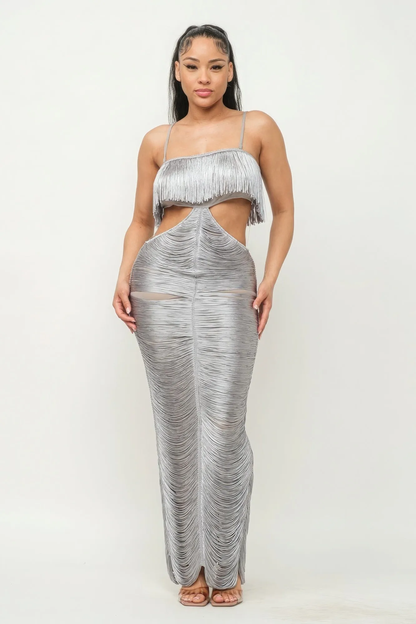 Long Open Back Fringe Maxi Dress