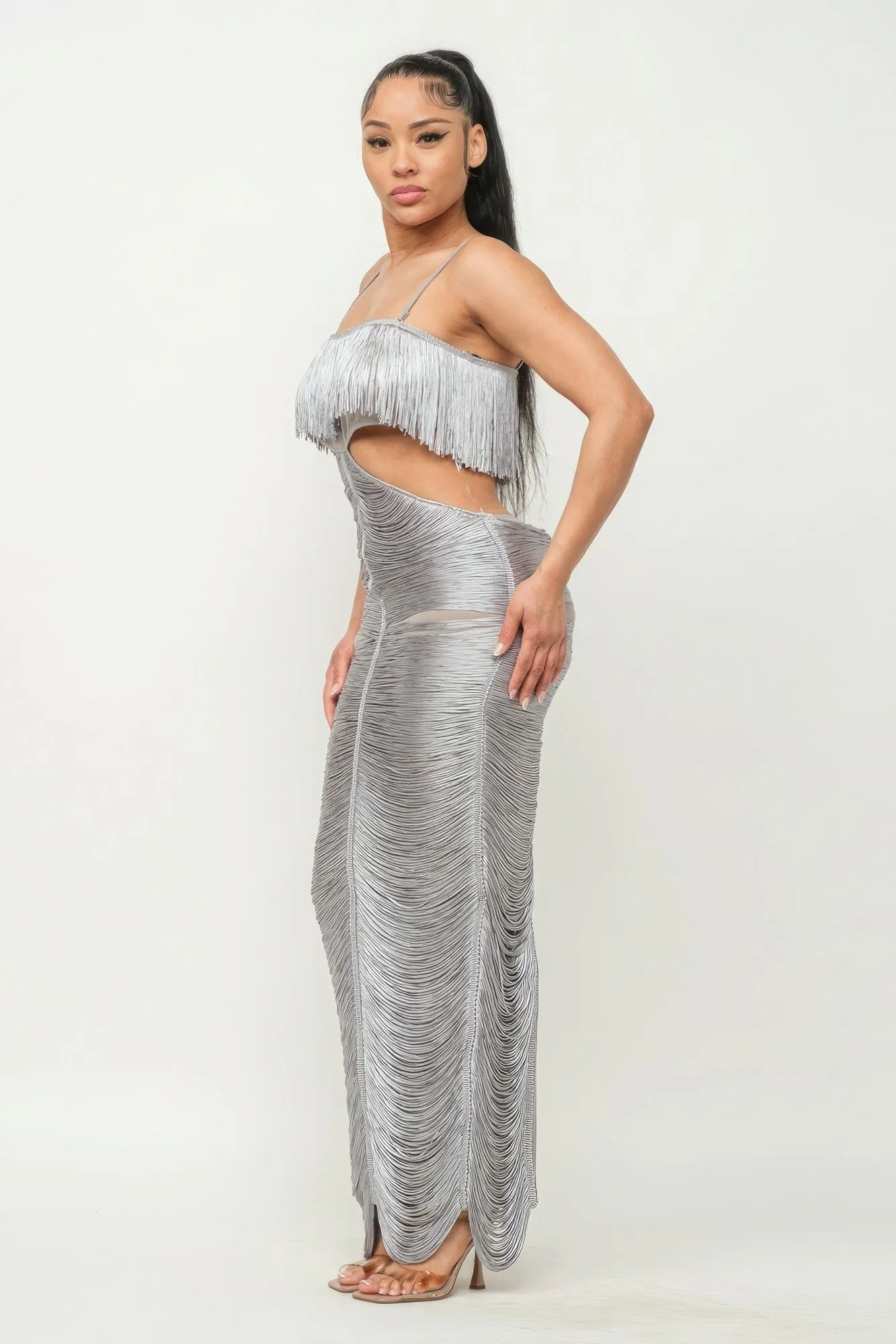 Long Open Back Fringe Maxi Dress