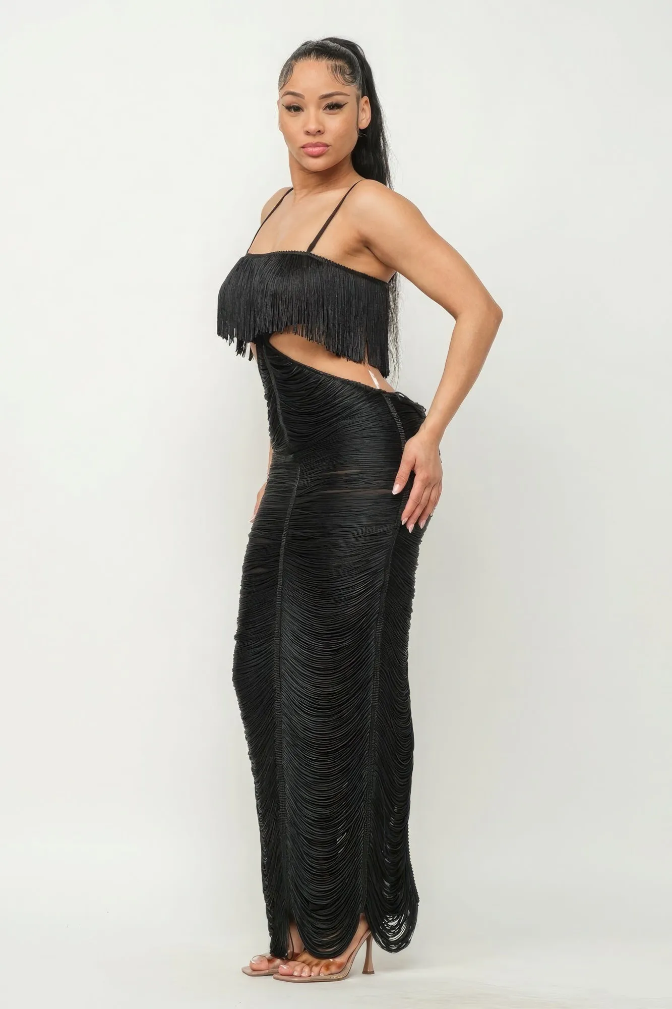 Long Open Back Fringe Maxi Dress