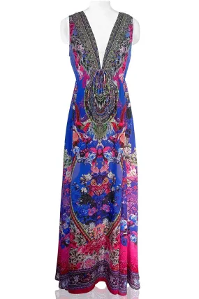 Long V-neck Maxi Dress in Blue