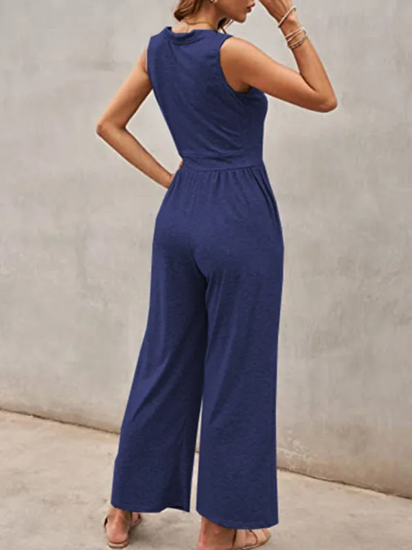 Loose Fit Playsuit - Solid Sleeveless Jumpsuit