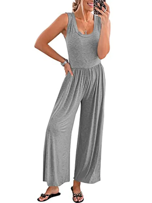 Loose Fit Playsuit - Solid Sleeveless Jumpsuit