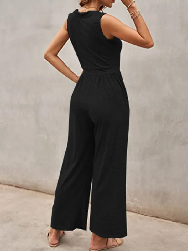 Loose Fit Playsuit - Solid Sleeveless Jumpsuit