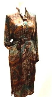 Luxury Silk Kimono Duster Dress:  Dramatic Mixed Print (Bronze/Blue)
