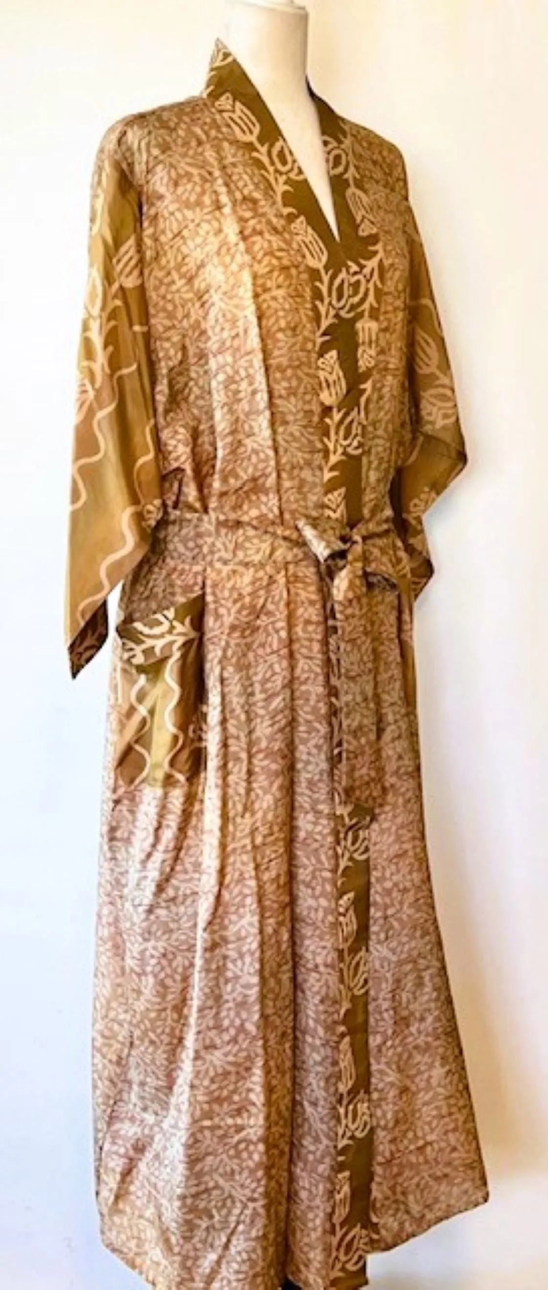 Luxury Silk Mixed Print Kimono Duster Is Seductive( Bronze)