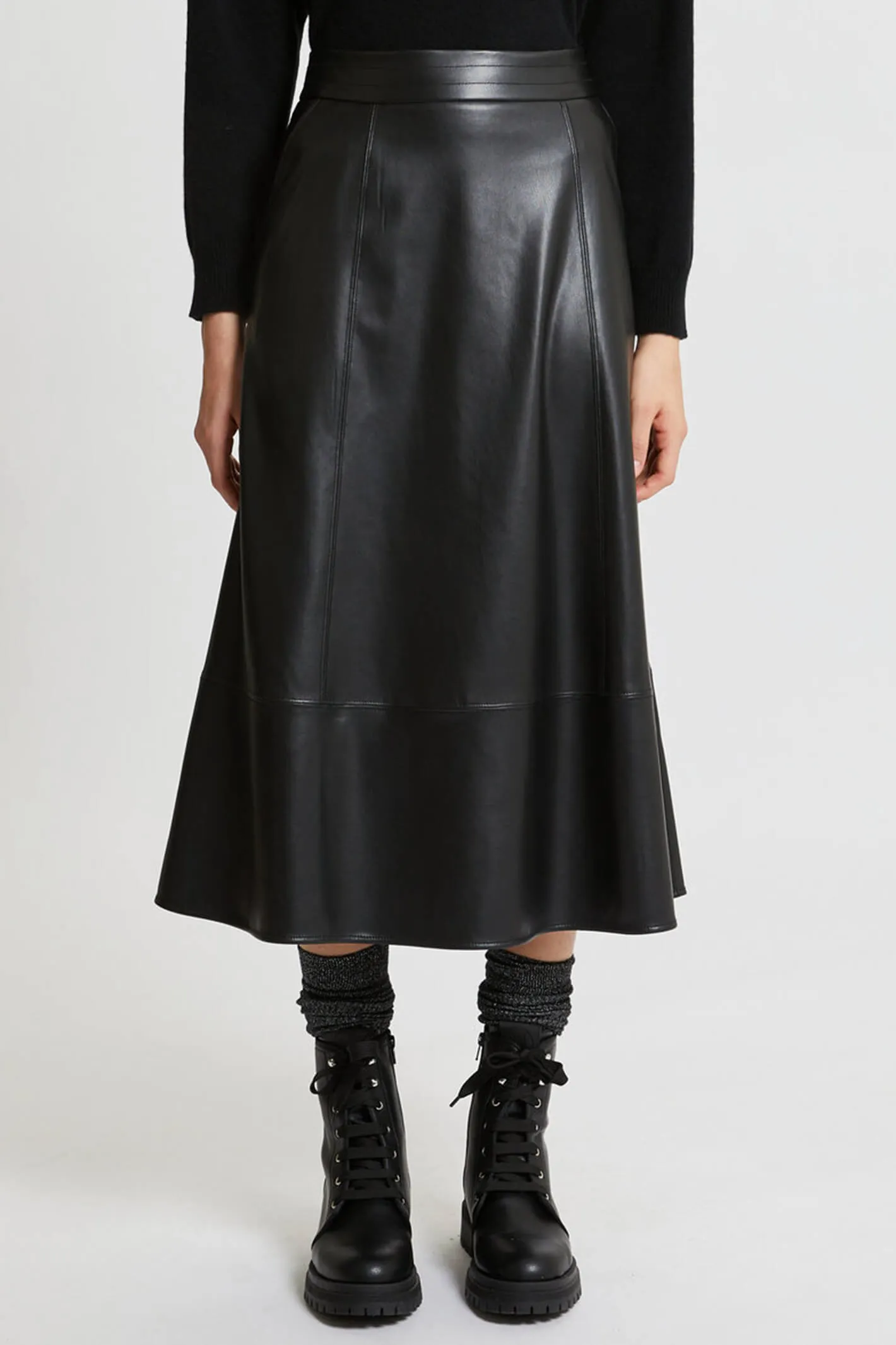 Marella Schizzo 2337760239200 Black Faux Leather Midi Skirt