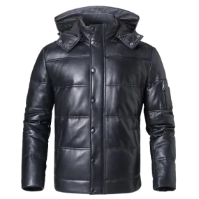 Mens Daylan Genuine Hooded Lambskin Leather Puffer Jacket