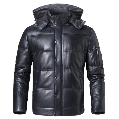Mens Daylan Genuine Hooded Lambskin Leather Puffer Jacket