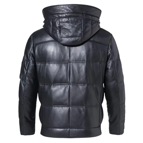 Mens Daylan Genuine Hooded Lambskin Leather Puffer Jacket