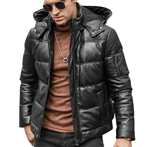 Mens Daylan Genuine Hooded Lambskin Leather Puffer Jacket