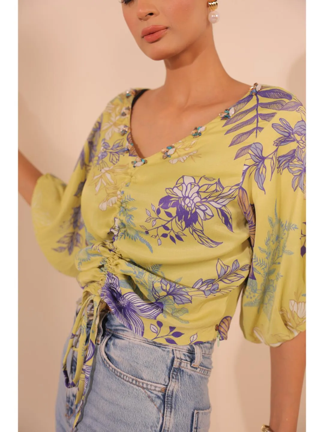 modish viscose royal satin floral printed V-Neck centre front draw string tie-up top with bishop sleeve . - Yellow