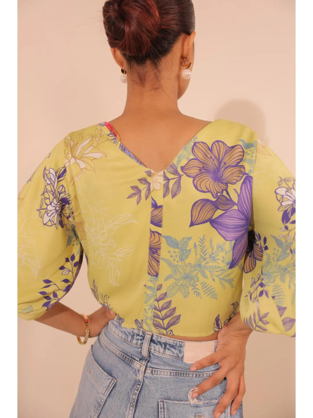 modish viscose royal satin floral printed V-Neck centre front draw string tie-up top with bishop sleeve . - Yellow