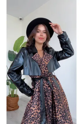 MXM Women CHIC TRENCH COAT WITH LEOPARD PATTERN AND STYLISH LEATHER DETAILS - Provo