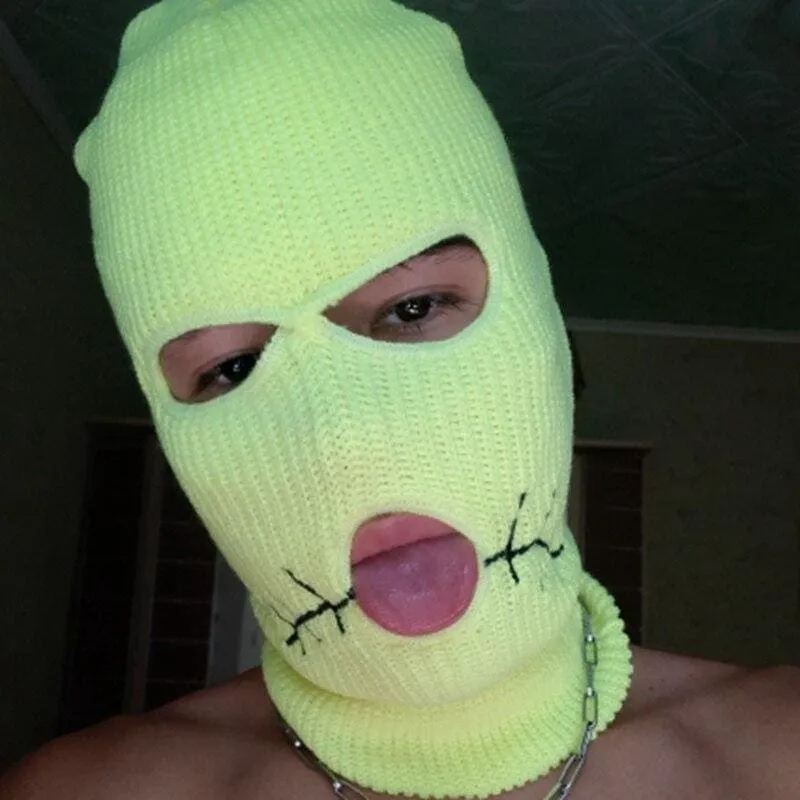 Neon Green Stitched Mouth Three Holes Ski Mask