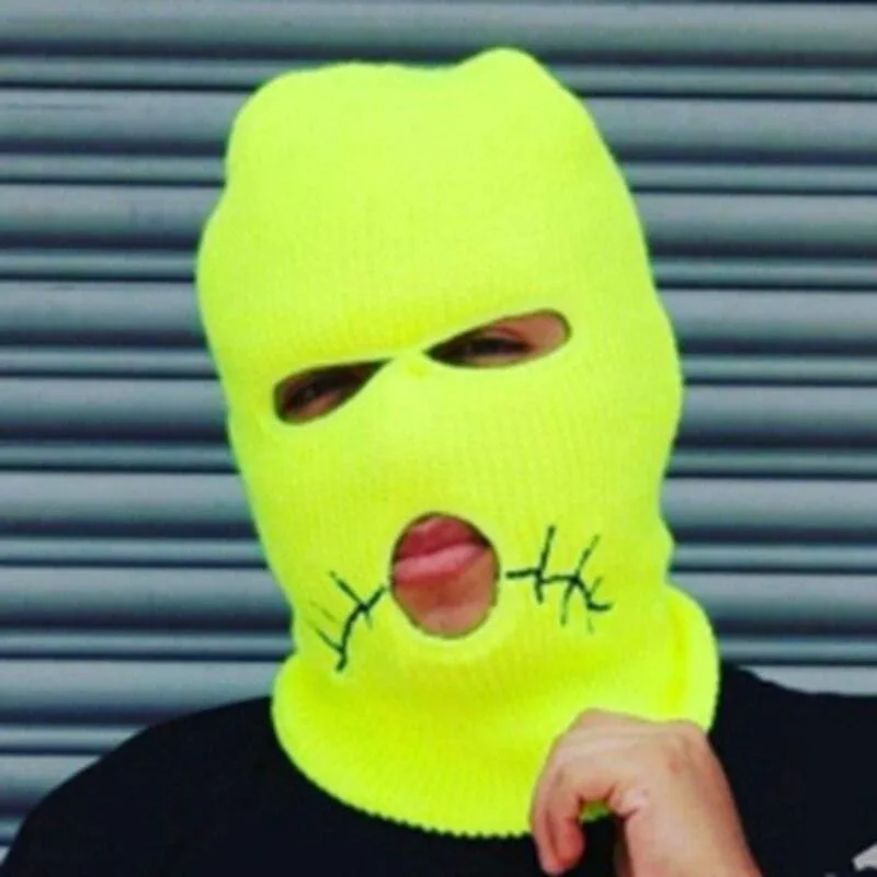 Neon Green Stitched Mouth Three Holes Ski Mask