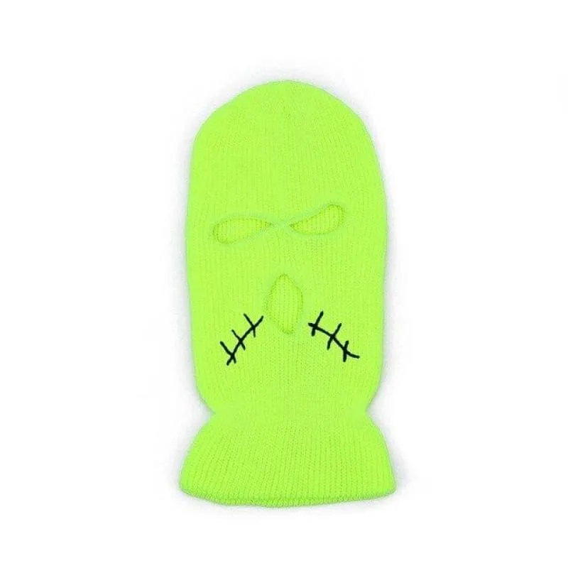 Neon Green Stitched Mouth Three Holes Ski Mask