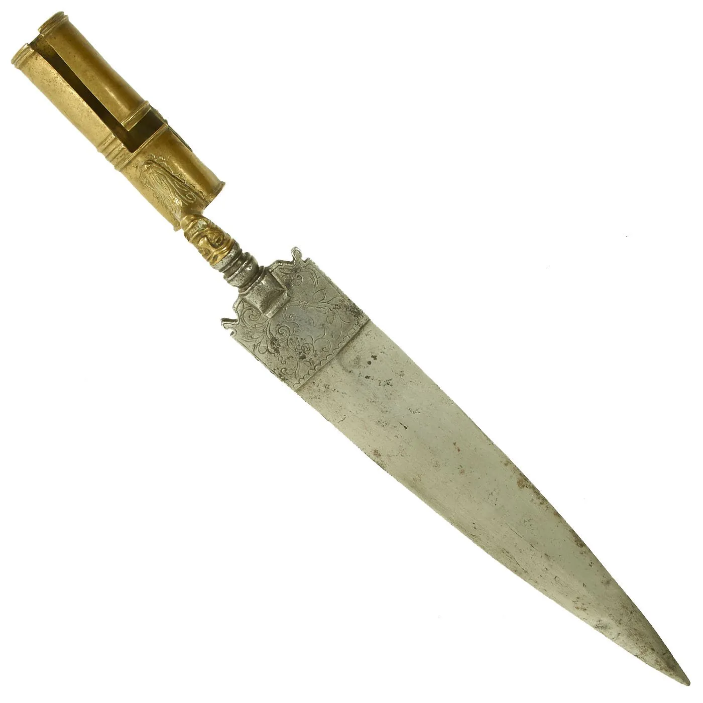 Original 17th Century German Engraved Wild Boar Hunting Bayonet with Brass Socket c. 1690