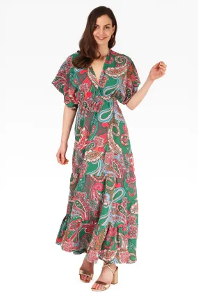 Paisley Print Maxi Kaftan Dress in Green