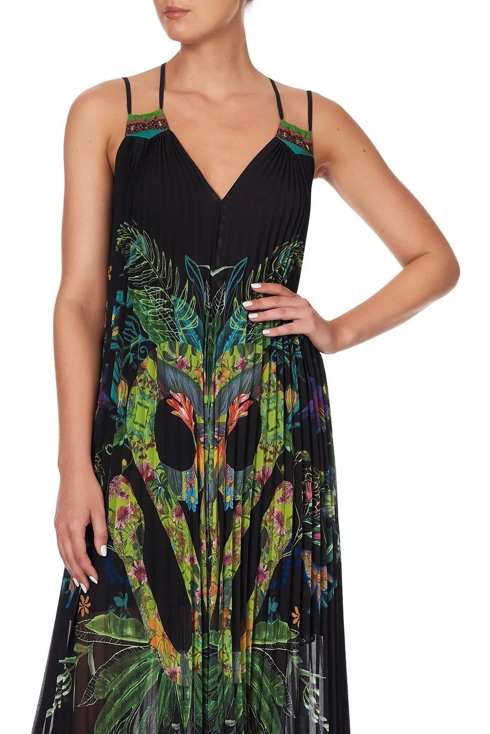 PLEATED MAXI DRESS WITH YOKE RIVER CRUISE