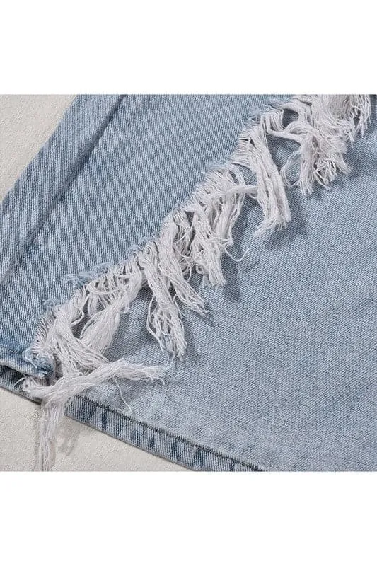 QA102 Denim Thigh Split Fringe Skirt
