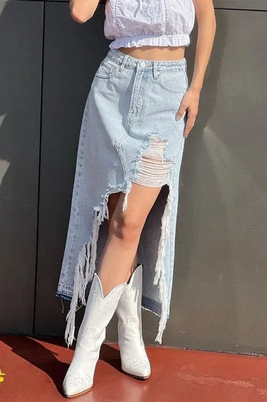QA102 Denim Thigh Split Fringe Skirt