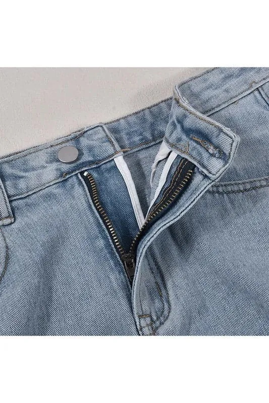QA102 Denim Thigh Split Fringe Skirt