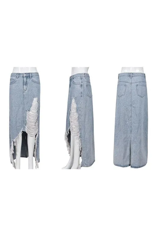 QA102 Denim Thigh Split Fringe Skirt