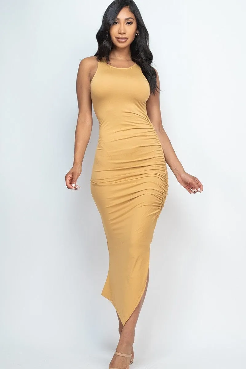 Safari yellow Sleeveless Ruched Side Split Bodycon  Beach Party Maxi Dress
