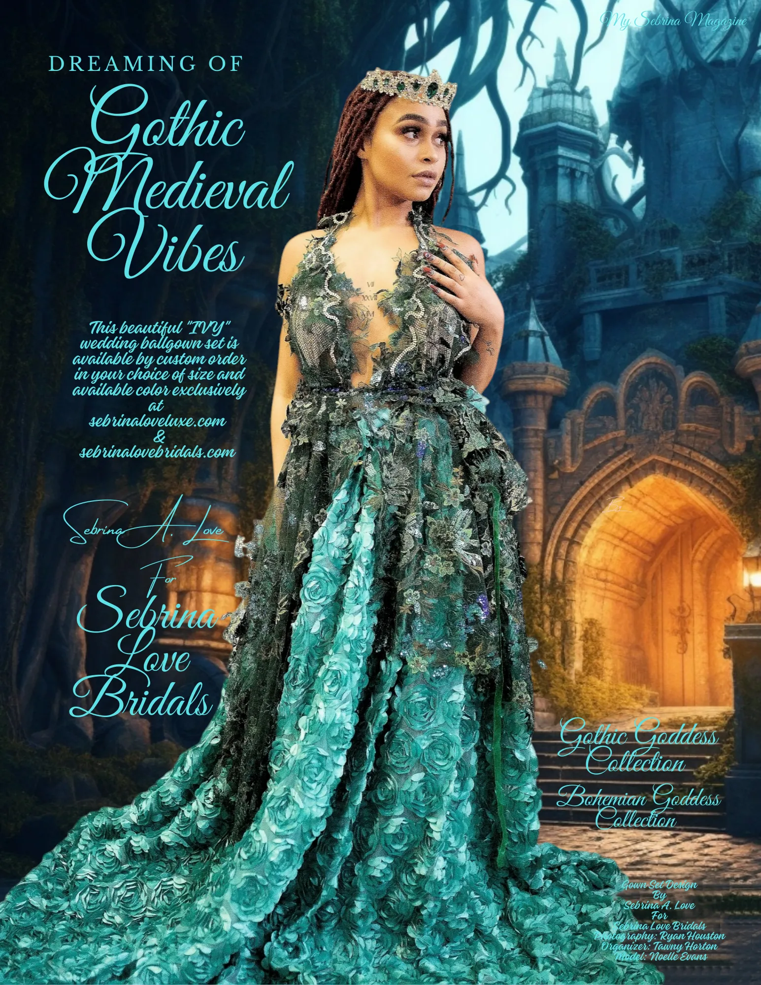 SAMPLE GOWN "IVY" Ocean Green 3D Rosette & Crystal Embroidered Lace Wedding Ballgown Set