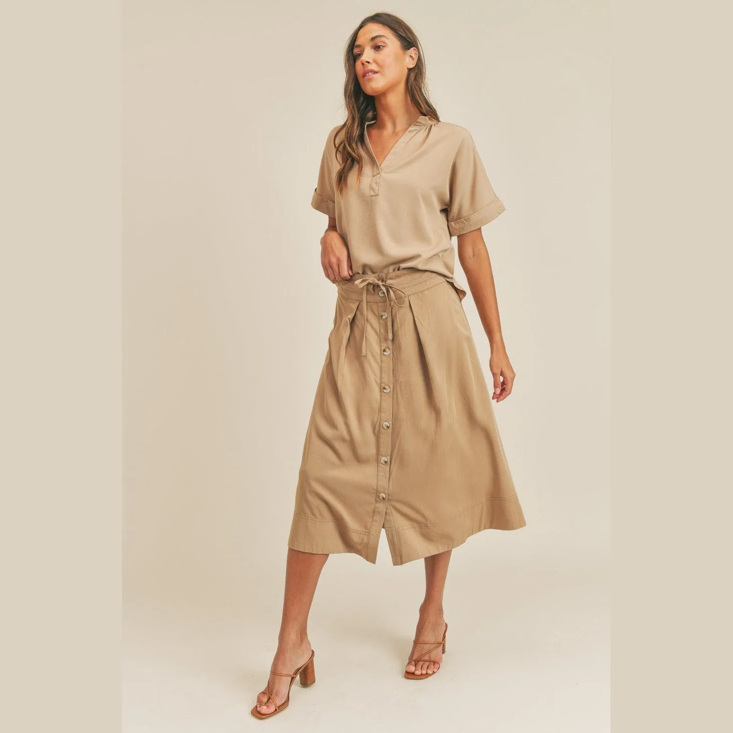 Short Sleeve Top and Button Down Midi Skirt Set
