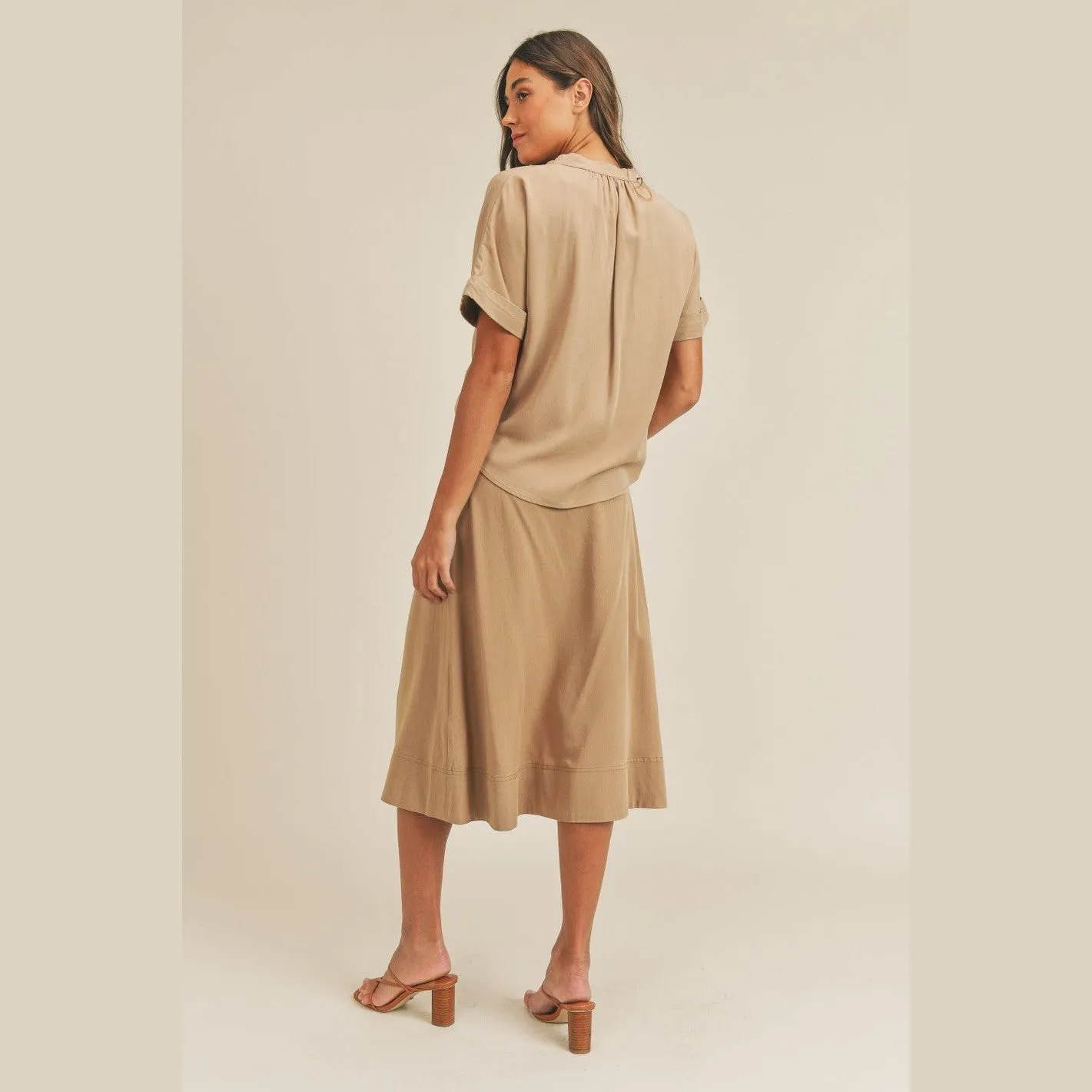 Short Sleeve Top and Button Down Midi Skirt Set