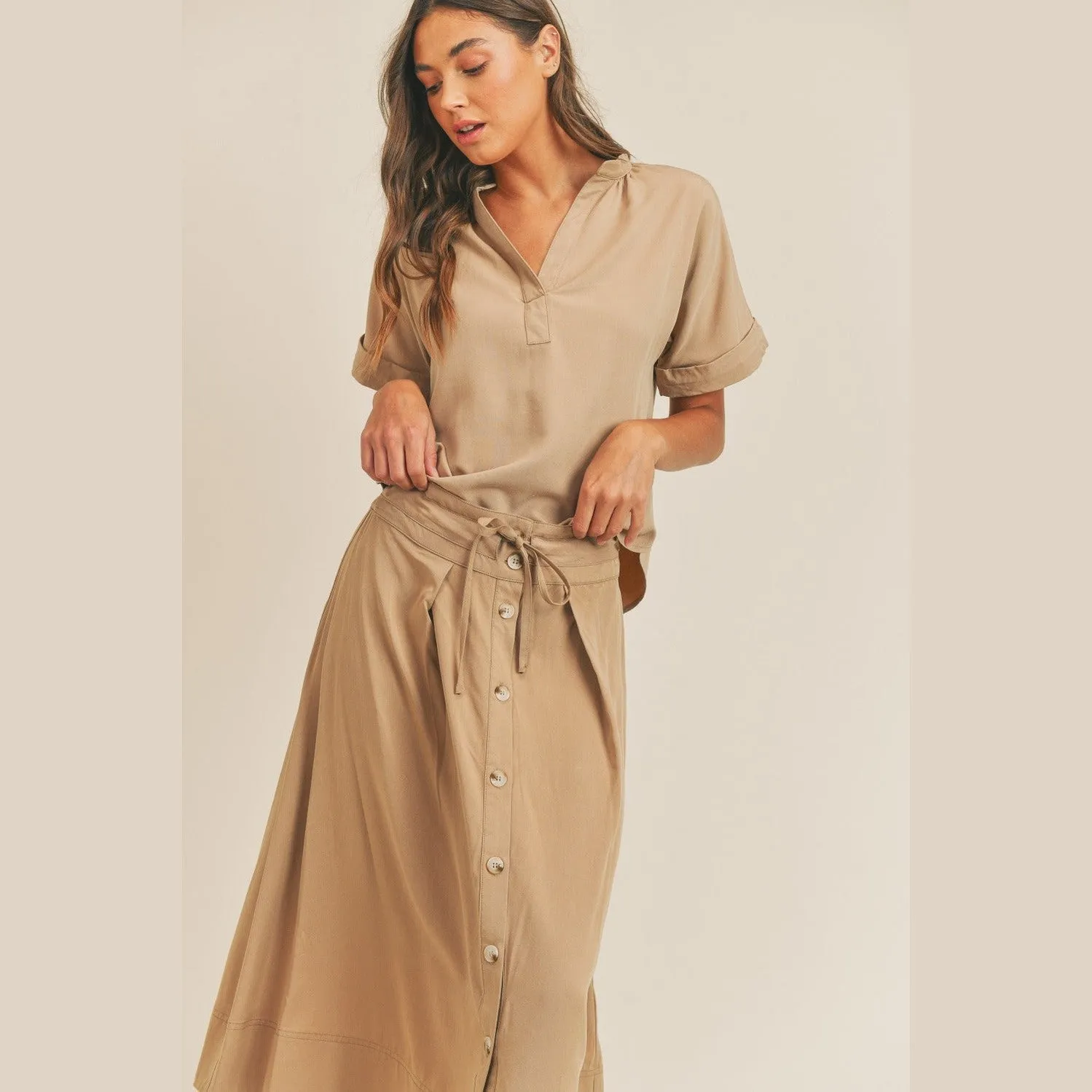 Short Sleeve Top and Button Down Midi Skirt Set