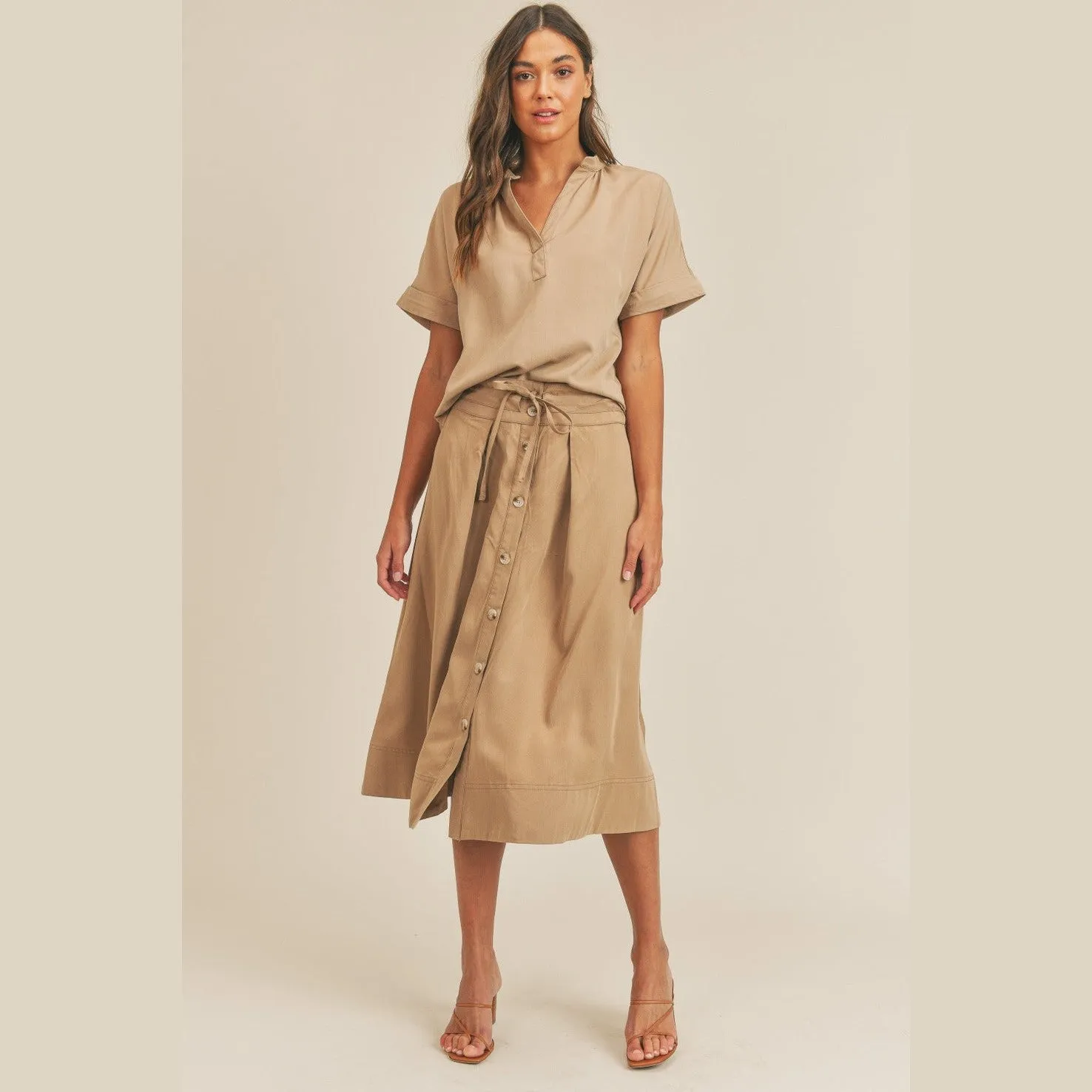Short Sleeve Top and Button Down Midi Skirt Set