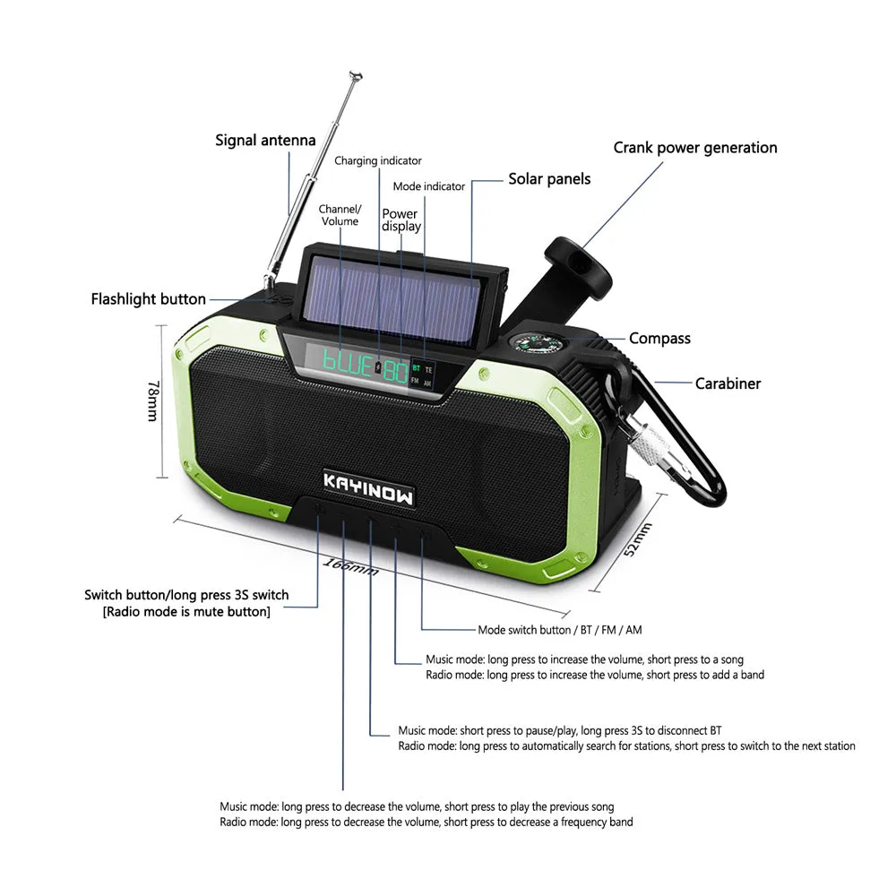 Solar Radio Hand Crank Emergency Flashlight Reading Light AM/FM