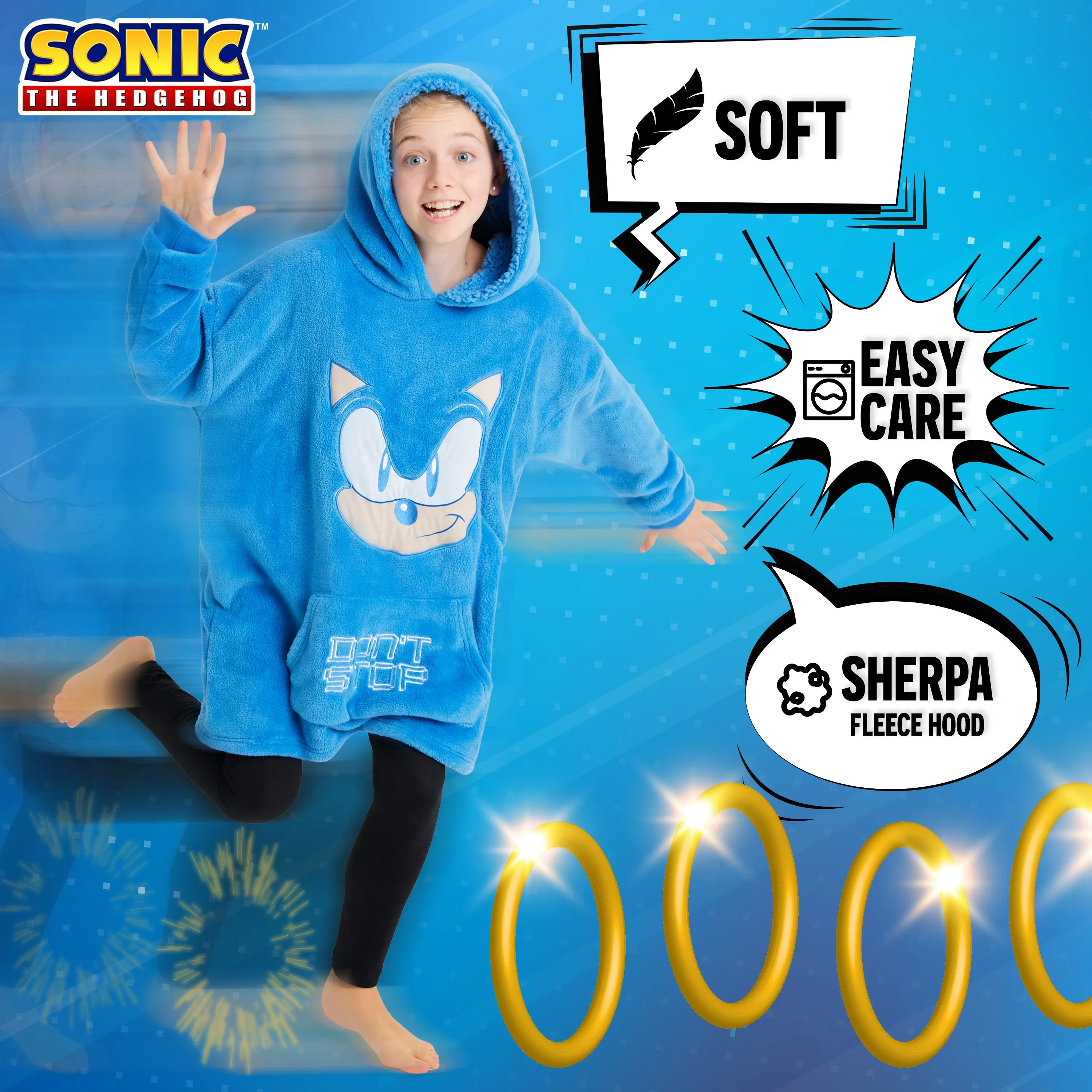 Sonic The Hedgehog Oversized Hoodie Blanket for Kids, Sonic Gifts for Boys (Blue)