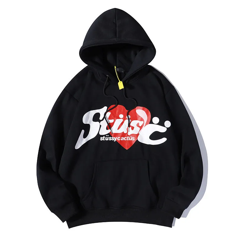 Stussy Hoodie Autumn and Winter Letters Heart Printing Velvet Padded Hooded Sweatshirt Casual