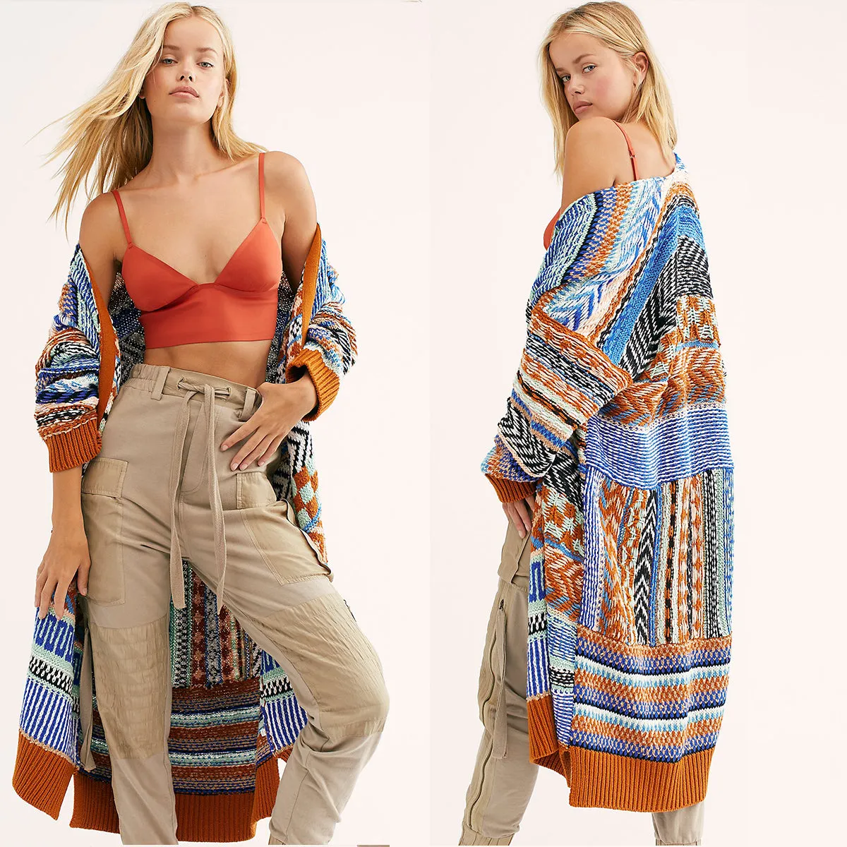 Sweater Duster Maxi Cardigan Mexican Blanket Inspired Rust & Blues Tribal Pattern Thick & Warm For Free Spirited People Available In Medium Or Large