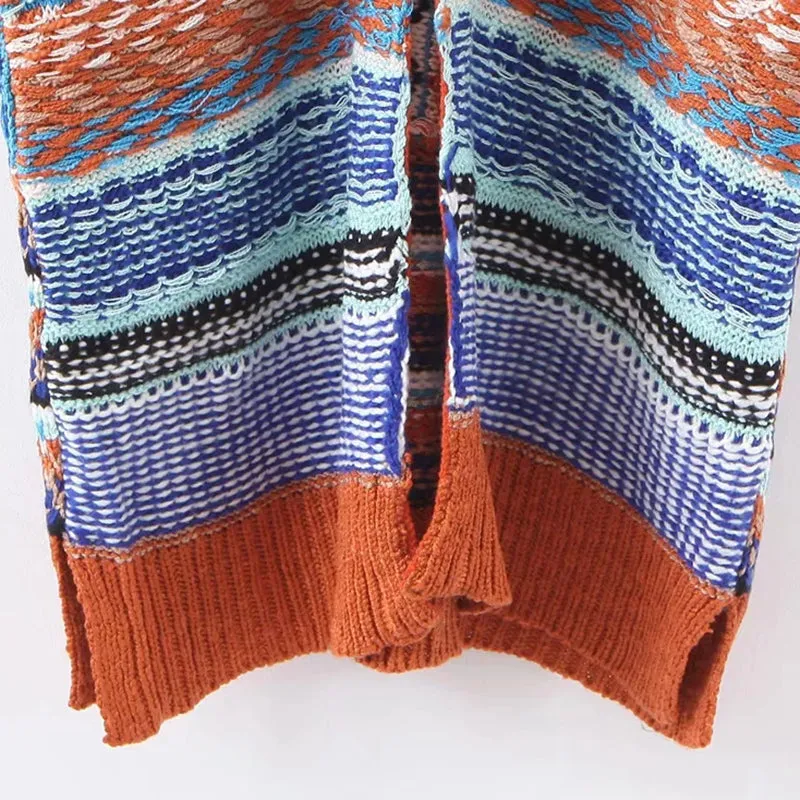 Sweater Duster Maxi Cardigan Mexican Blanket Inspired Rust & Blues Tribal Pattern Thick & Warm For Free Spirited People Available In Medium Or Large