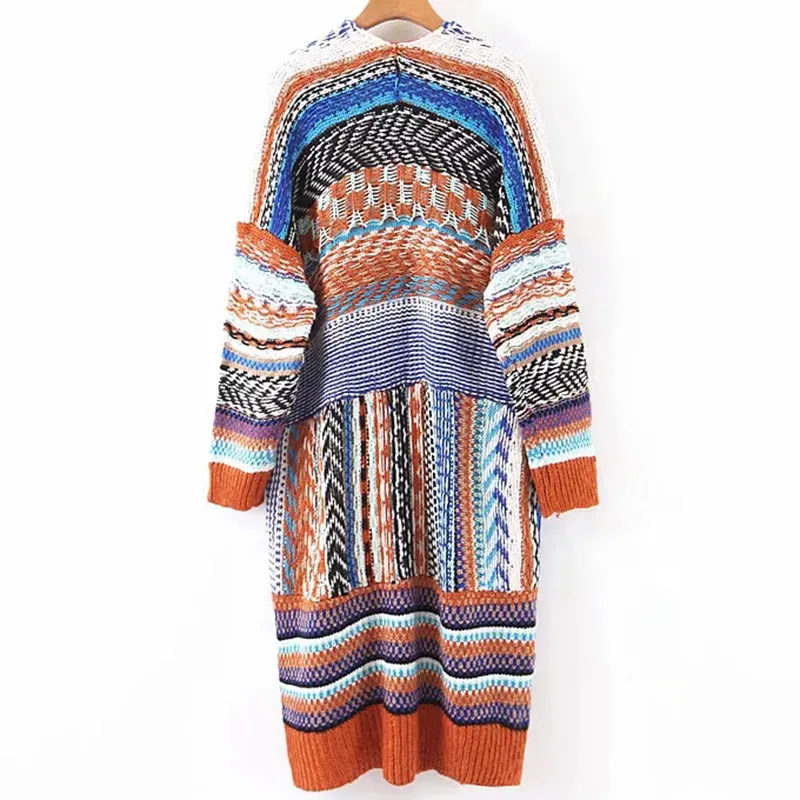 Sweater Duster Maxi Cardigan Mexican Blanket Inspired Rust & Blues Tribal Pattern Thick & Warm For Free Spirited People Available In Medium Or Large