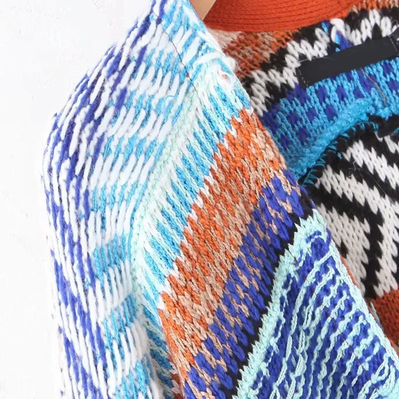 Sweater Duster Maxi Cardigan Mexican Blanket Inspired Rust & Blues Tribal Pattern Thick & Warm For Free Spirited People Available In Medium Or Large