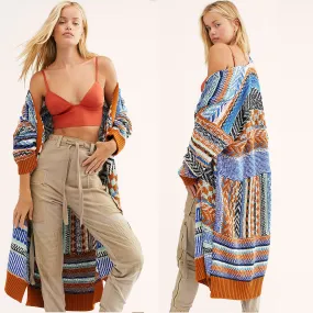 Sweater Duster Maxi Cardigan Mexican Blanket Inspired Rust & Blues Tribal Pattern Thick & Warm For Free Spirited People Available In Medium Or Large