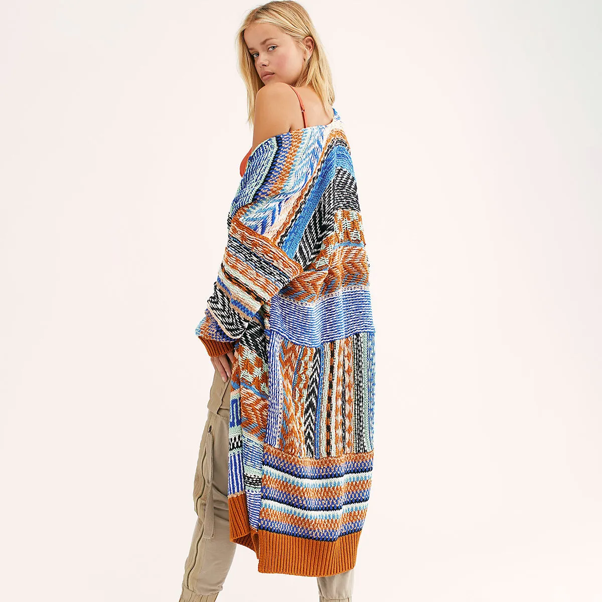 Sweater Duster Maxi Cardigan Mexican Blanket Inspired Rust & Blues Tribal Pattern Thick & Warm For Free Spirited People Available In Medium Or Large