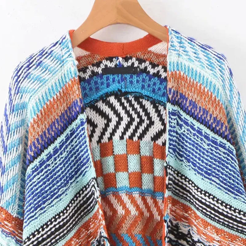 Sweater Duster Maxi Cardigan Mexican Blanket Inspired Rust & Blues Tribal Pattern Thick & Warm For Free Spirited People Available In Medium Or Large