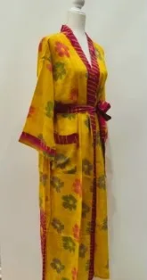 Top of the Line Silk Kimono Duster,  Bright Floral Print (Yellow)